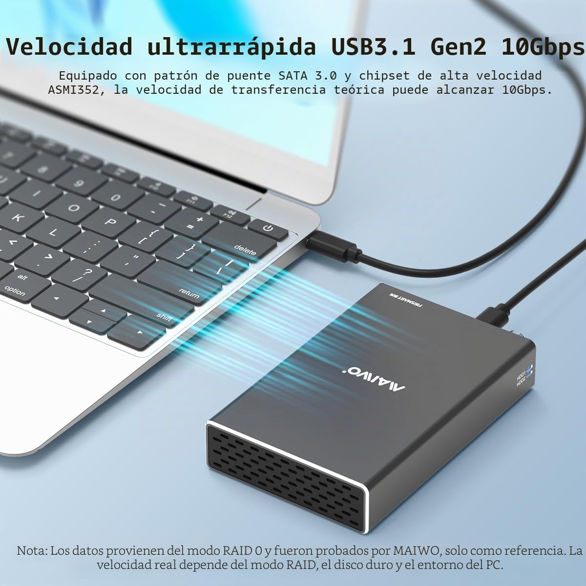 MAIWO Carcasa Raid de Doble bahía para Disco Duro SATA SSD de 2.5 Pulgadas, Raid 0/1/JBOD/PM, USB 3.1 Gen 2 de 10 Gbps con UASP, Capacidad de 16 TB, bahía Externa de Aluminio HDD