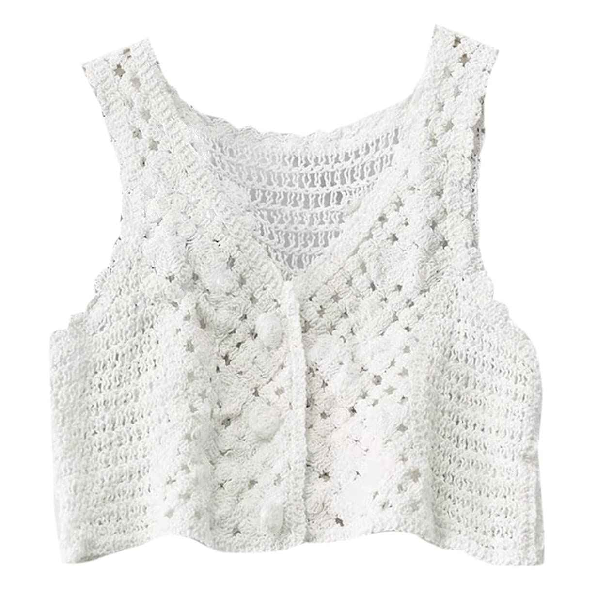 TENCOCO Women Crochet Knit Sleeveless Crop Top Vest Floral Lace Button Waistcoat for Jac White