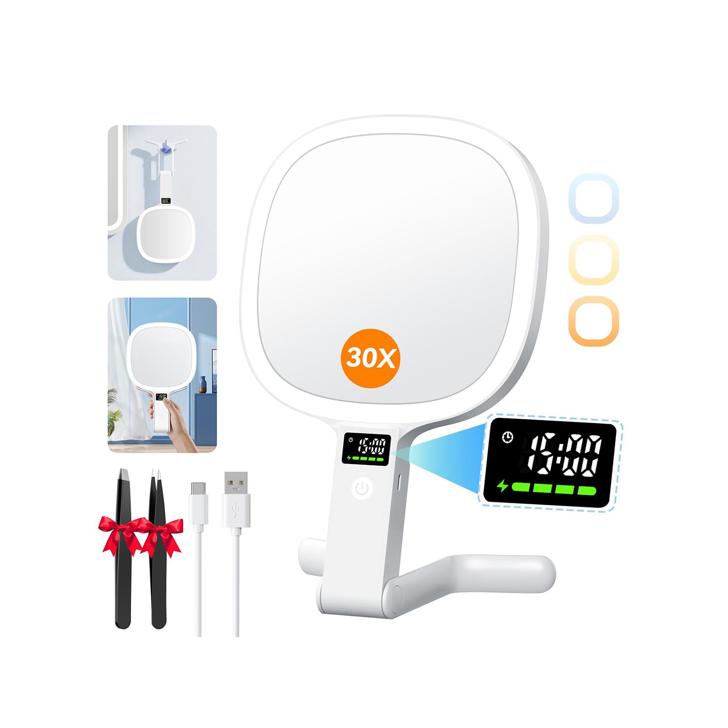 Auxmir Kosmetikspiegel mit Beleuchtung LED Display für Zeit/Akku/Helligkeit, 30X / 1X Schminkspiegel mit 3 Farben, Faltbar Vergrößerungsspiegel Reisespiegel Tischspiegel mit Licht für Zuhause Reise