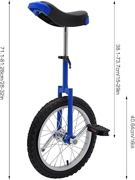 16 Inch Unicycle for Kids and Adults | Adjustable Seat, Use for Exercise, Fun and Entertainment, Circus Performances