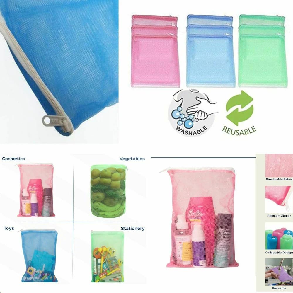 Shibui Vegetable bags for Fridge Storage Net Bag Vegetable and Fruit Reusable Produce Mesh Bags Grocery Shopping & Washable Reusable ziplock Multicolor. (Pack of 10) 1