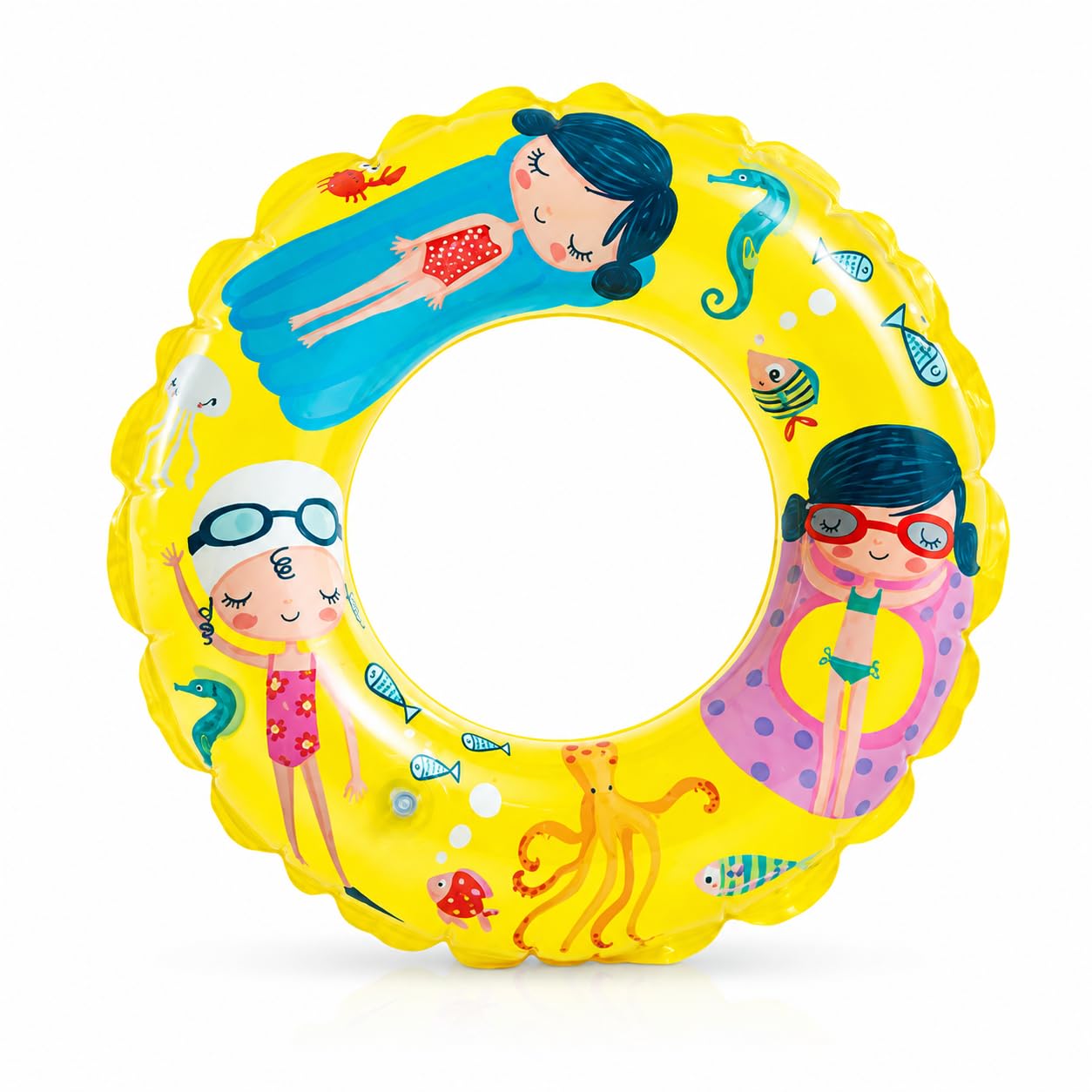 AURALIN Inflatable Swimming Ring, Compact Premium Pool Float With Vibrant Yellow Ocean Motif, Lightweight Water Lounger Tube For Summer Beach Holidays And Pool Parties, 61cm Outer