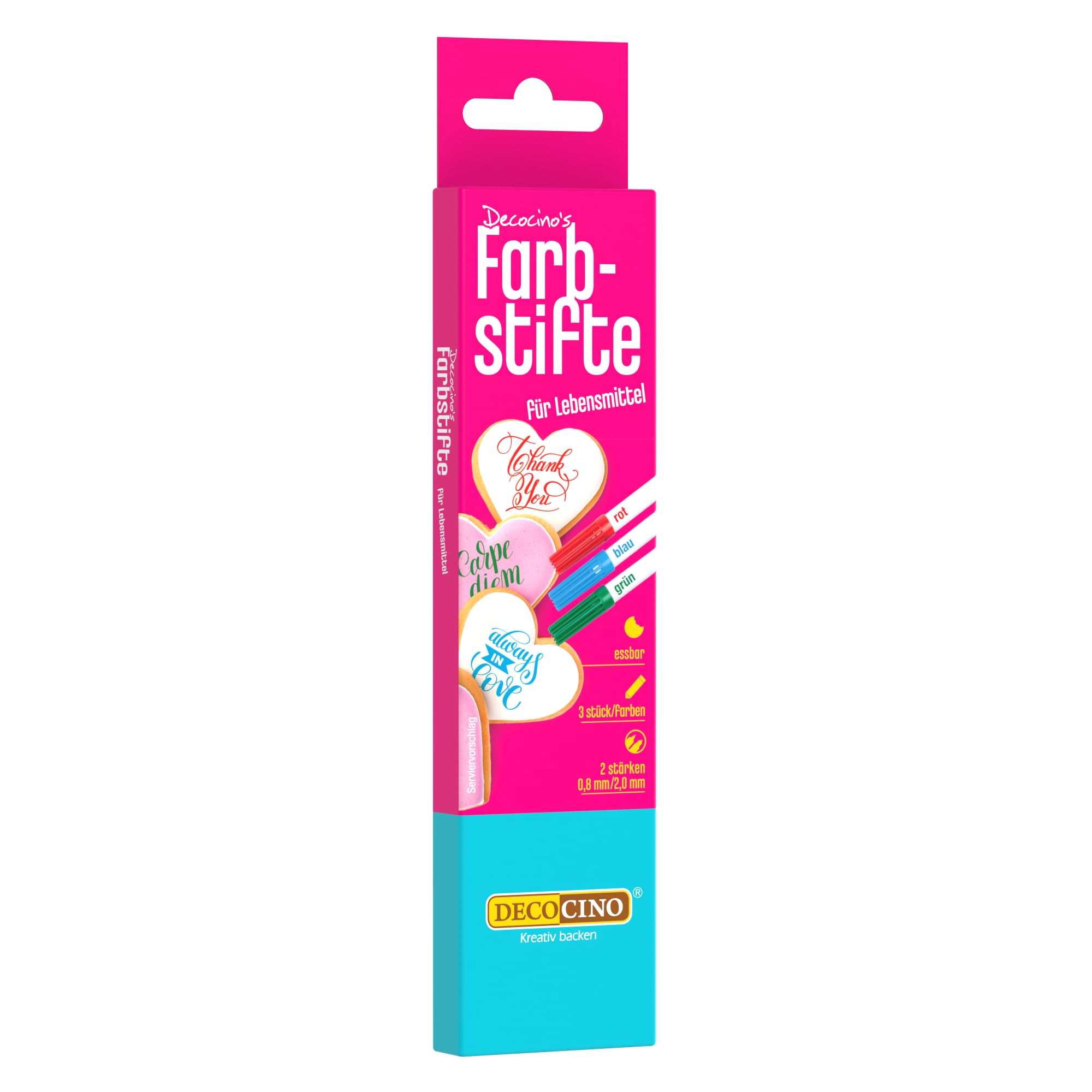 DECOCINO Lebensmittel-Farbstifte –3er Set – essbare Filzstifte mit Lebensmittel-Farbe – zum Verzieren von Kuchen, Torten uvm. – glutenfrei & laktosefrei