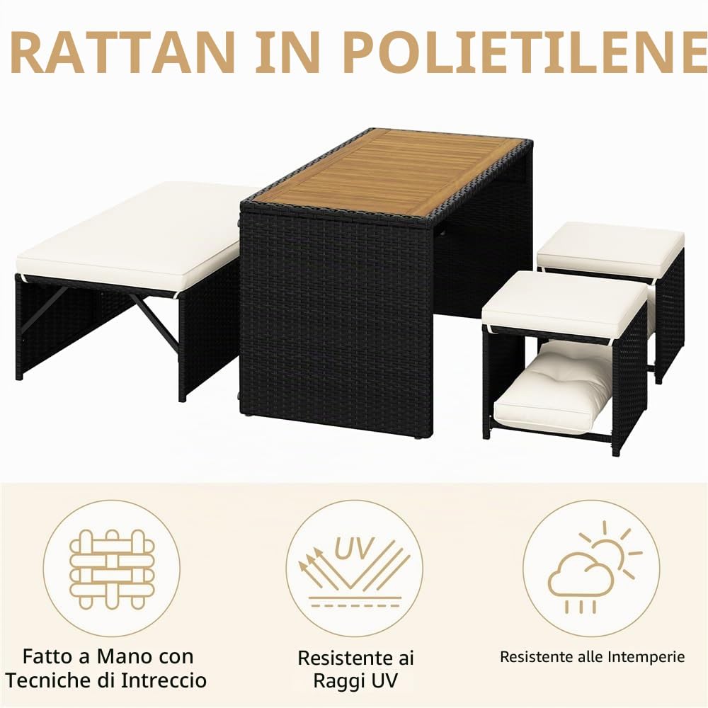 Yaheetech 2 in 1 Set Mobili da Giardino in Rattan PE con 1 Panca Trasformabile in Divano, 1 Tavolo e 2 Pouf, Ideale per Balcone Terrazza Patio Nero e Beige