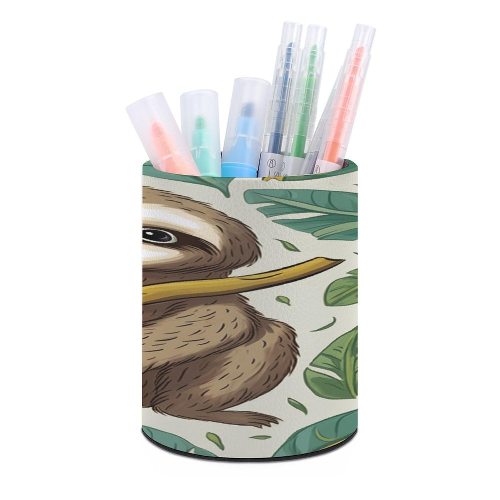 VstaDank - Sloth Pencil Holder Round Pencil Holder PU Leather Pencil Holder Desk Organizer Holder for Brush Decoration Office Desk Home (3.1 x 3.9 inch
