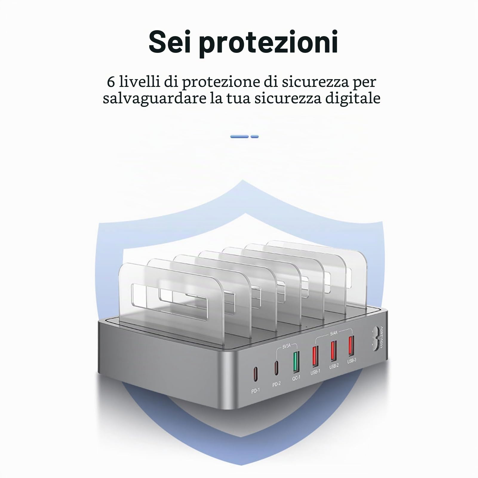 Docooler Stazione di ricarica intelligente da 72 W a 6 porte, docking USB per più dispositivi, compatibile con telefoni cellulari, tablet e altri dispositivi elettronici