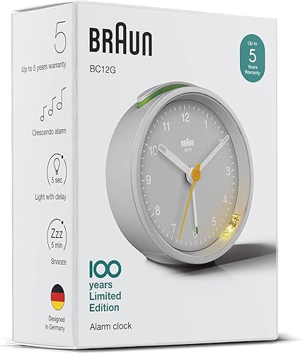Miniatura 9 de Braun Classic - Reloj despertador analógico con repetición y luz, movimiento silencioso de cuarzo, alarma de pitido creciente en gris, modelo BC12G.