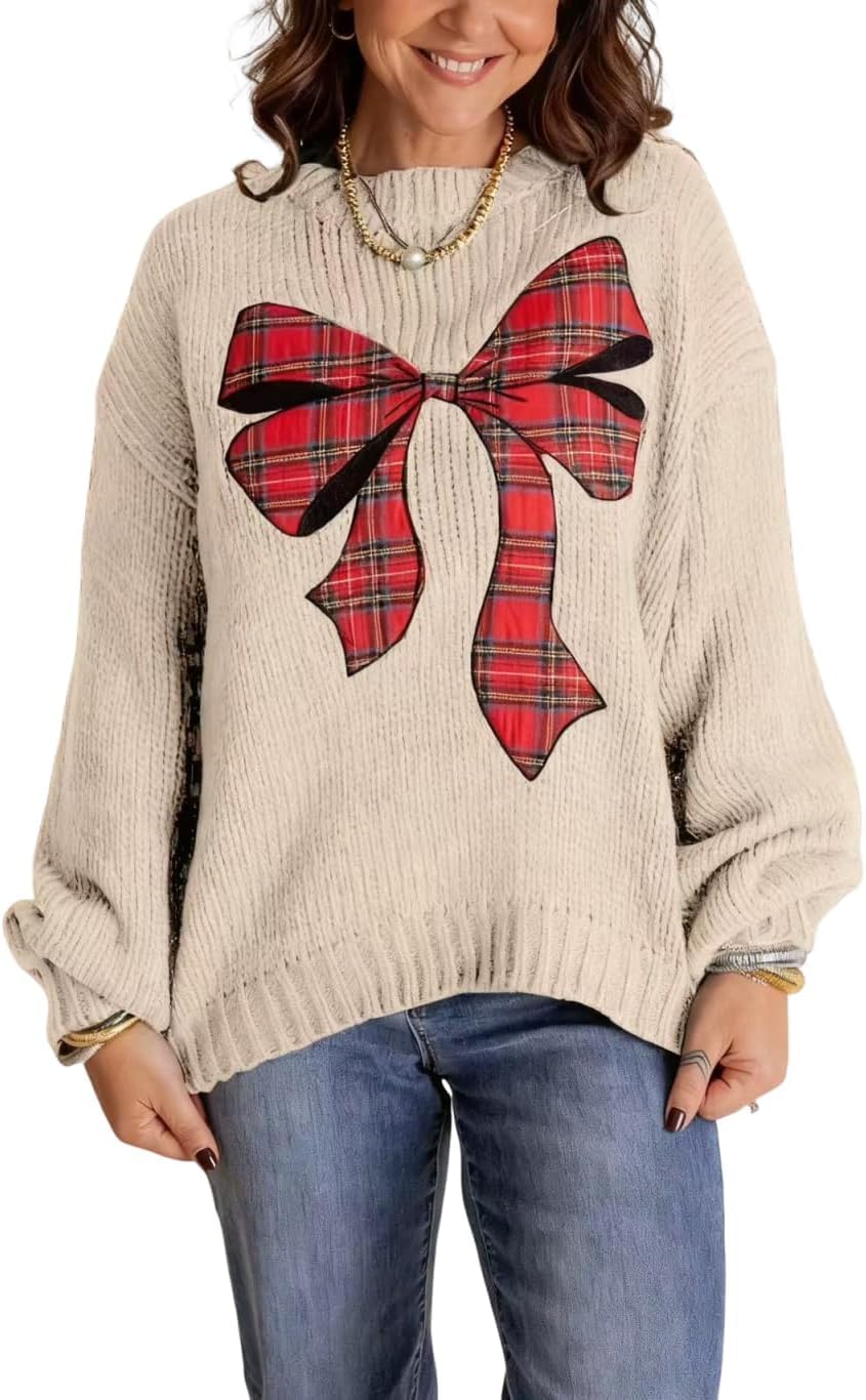 Apvirdy Womens Christmas Bow Sweater Long Sleeve Crewneck Festive Sweater Casual Cute Red Plaid Bow Sweaters Jumper Tops