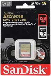 SanDisk Cartão de memória Extreme SDXC UHS-I de 128 GB - C10, U3, V30, 4K, UHD, cartão SD - SDSDXVA-128G-GNCIN, Cor: Cinza/dourado