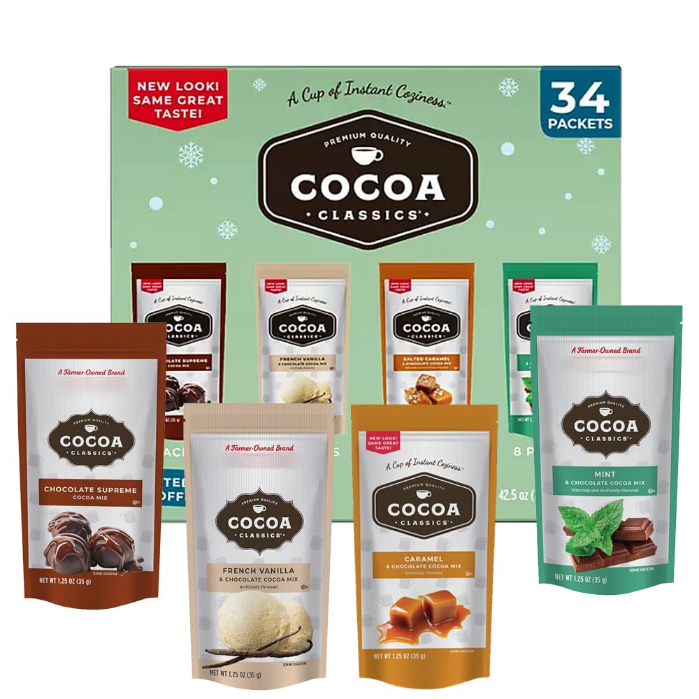 Cocoa Classics Hot Chocolate Variety Pack, 34 Packets, 4 Flavors - Chocolate Supreme, French Vanilla, Salted Caramel, Mint