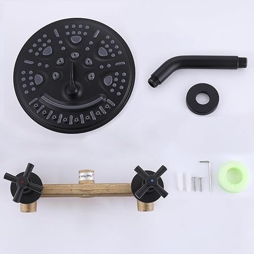 Miniatura 5 de Ducha negra mate con 2 asas con cabezal de ducha de lluvia de 6 modos, kit de molduras de ducha de una sola función con válvula áspera, montaje en