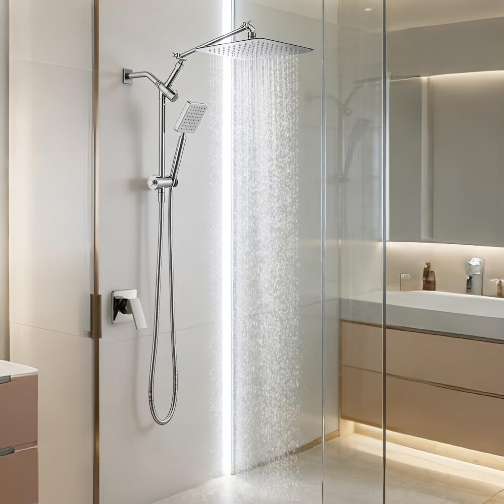 POP SANITARYWARE 10 Inch All Metal Rain Shower Head with Handheld Combo, High Pressure Rainfall Showerhead with 16.7" Adjustable Arm & 13" Slide Bar, Anti-Clog Nozzles, Chrome