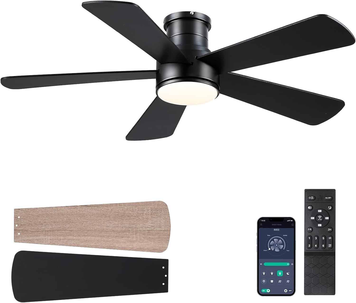 Low Profile Ceiling Fan with Light and Remote Control,46" Modern Flush Mount Black Ceiling Fan, 5 Dual-Sided Blades, Energy Efficient DC Motor, Reversible for Bedroom, Living Room