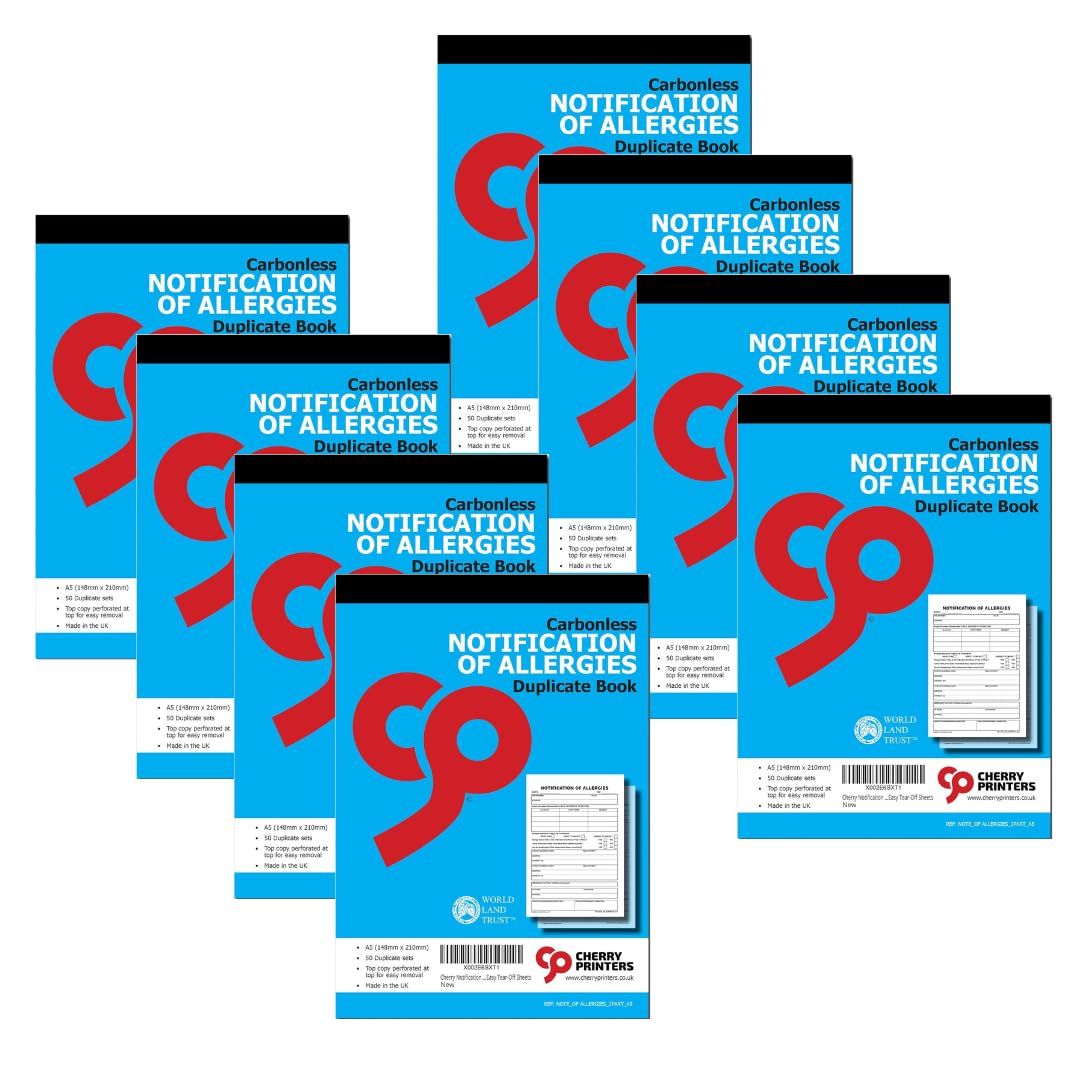 Cherry Printers Notification of Allergies Book A5 | Carbonless Duplicate Book with 50 Sets | Allergy Record for Schools | GP & Emergency Contact Details | Made in UK | Easy Tear-Off Sheets | 8 Pack