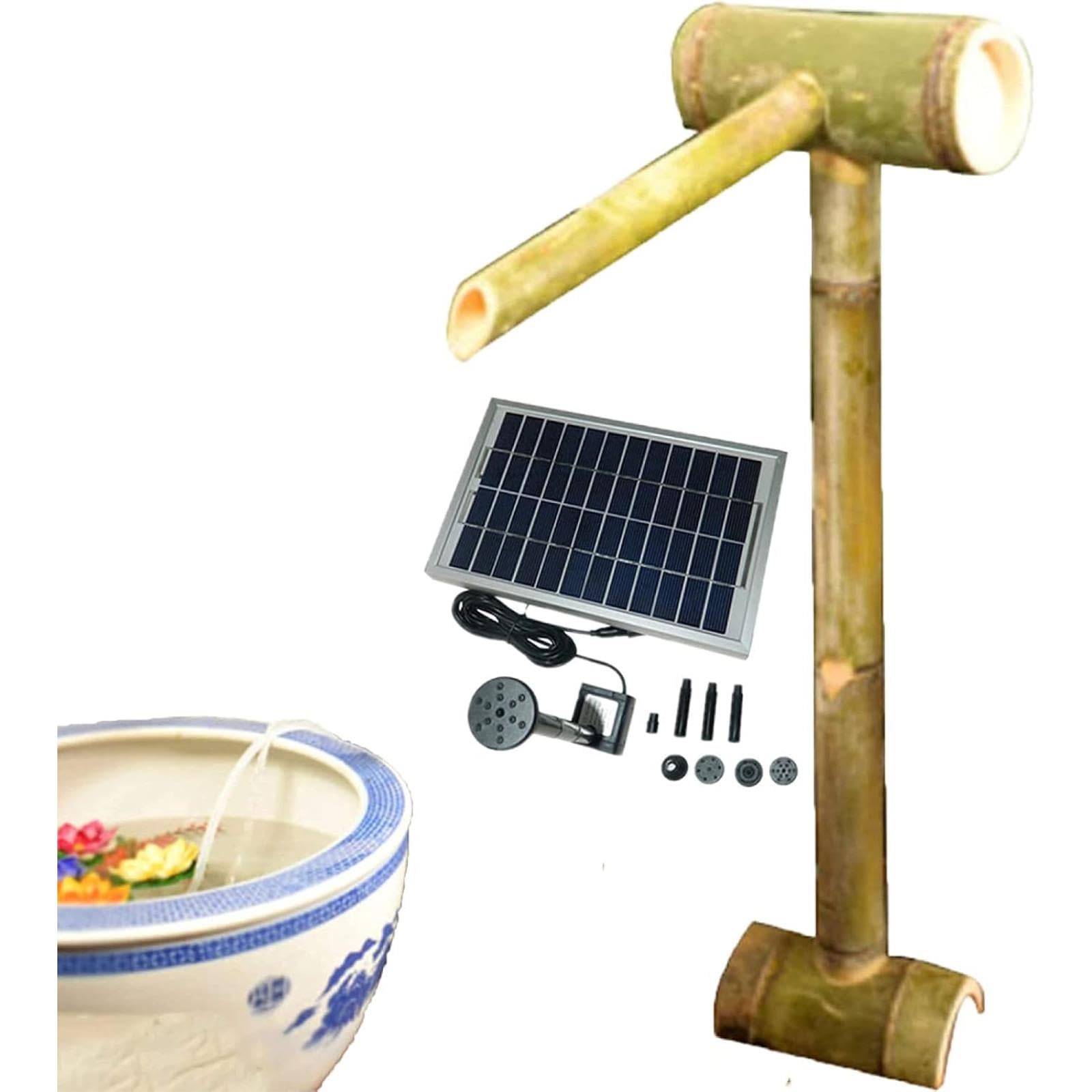 asdchZen Handmade Bamboo Fountain Kit, Solar Bird Bath Fountain, Outdoor Waterfall Feature, Garden Water Spout With Pump, For Lawn, Backyard Pond, Rockery, Stone Trough, 31.5In,39.4in