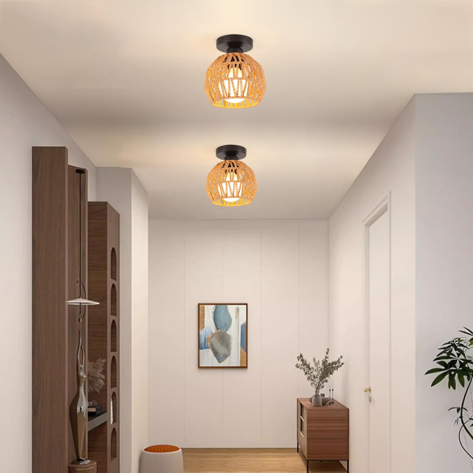 LIGKIN 2 Pieces Vintage Ceiling Light E27 Industrial Ceiling Light Metal Cage and Paper Rope Retro Ceiling Lamp for Hallway Living Room Kitchen Living Room Diameter 16 cm - Image 3