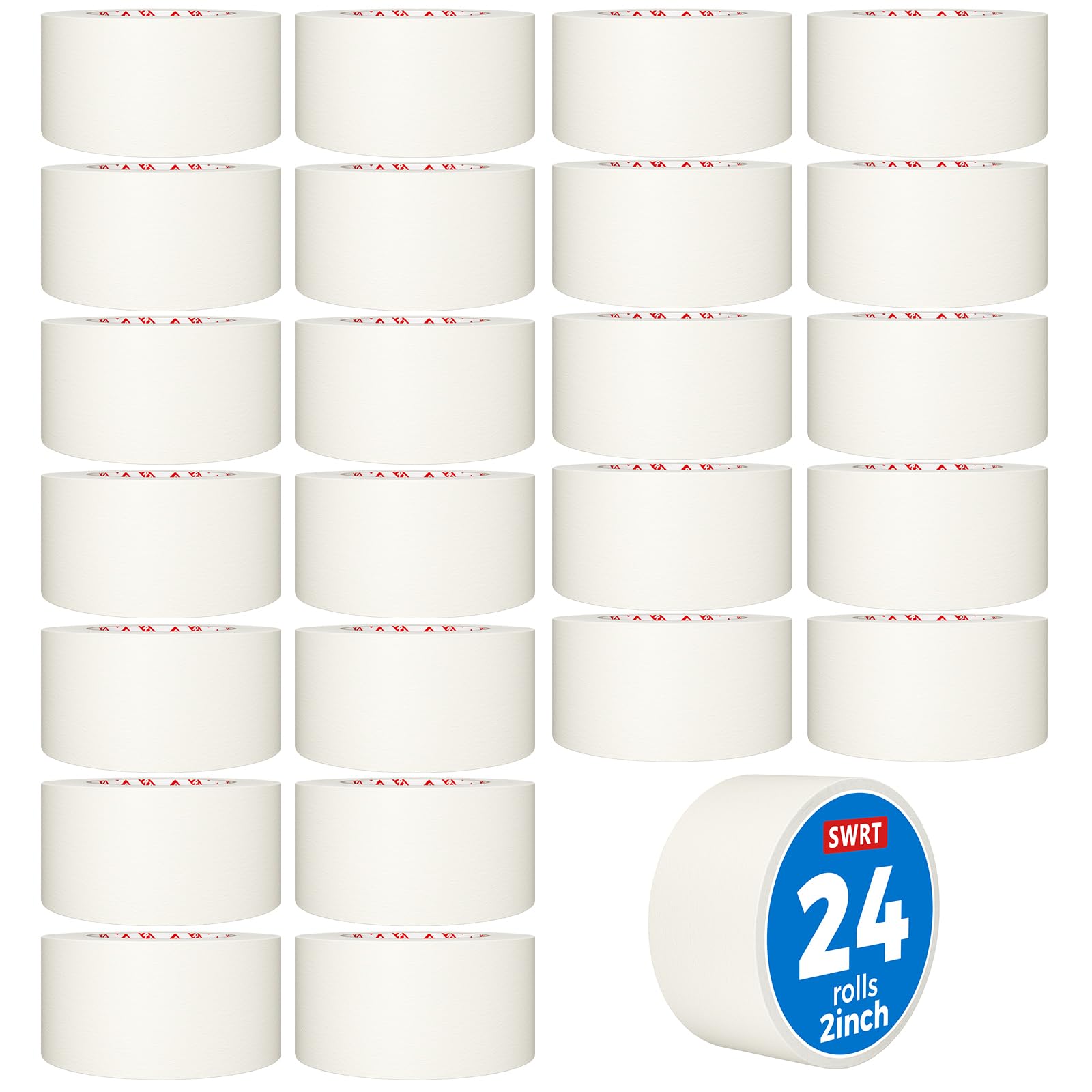 SWRT Cinta adhesiva de 5 cm de ancho x 55 yardas, 24 rollos (1320 yardas en total), cinta de pintor blanca para pintura, embalaje y etiquetado, eliminación limpia, fácil de rasgar, cinta adhesiva