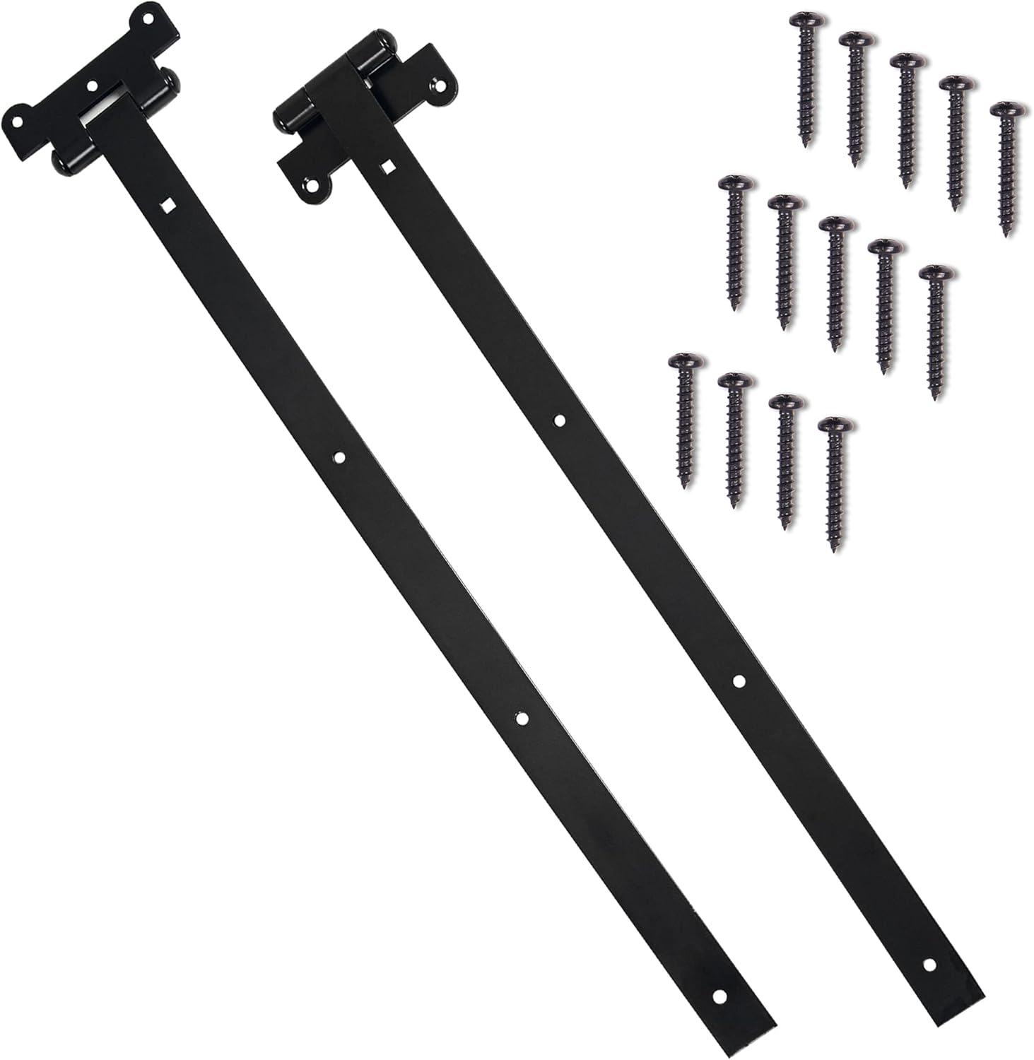 DIYWorld 24" Black Door Hinges – 2Pcs Gate Hinges with 14 Mounting Screws – Heavy Duty 4mm Thick Iron Construction with Black Powder Coating – Ideal for Gates, Sheds, Barns