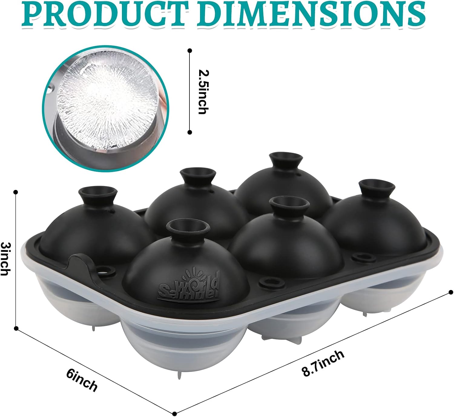 Samuelworld Large Ice Ball Maker with Lid, 6 x 2.5 Inch Ice Balls - BPA Free, Easy To Fill Round Silicone Ice Tray, Perfect Spheres Craft Ice Maker for Whiskey, Cocktails, Gifting - Black