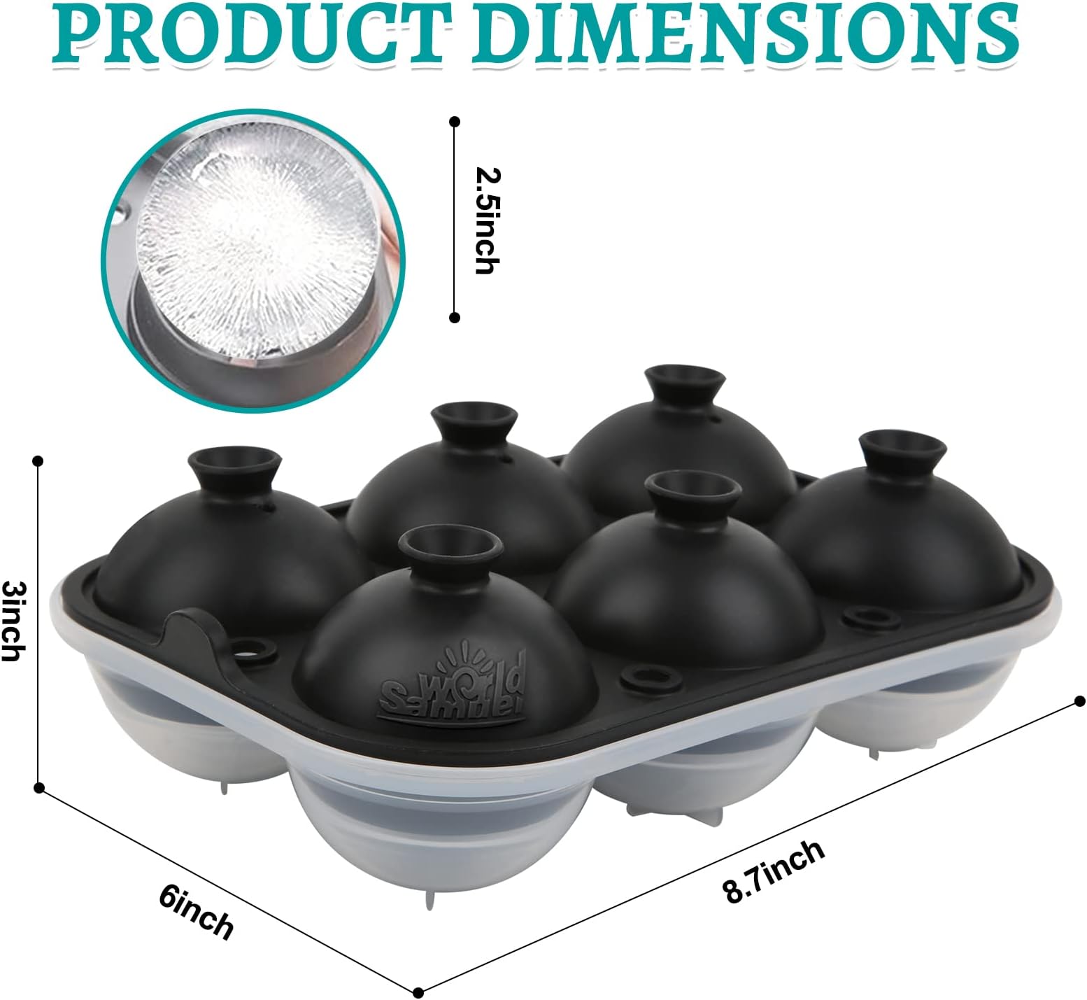 Samuelworld Large Sphere Ice Mold with Lid, 6 x 2.5 inch Ice Balls - BPA Free, Easy To Fill Round Silicone Ice Tray, Perfect Spheres Craft Ice Maker for Whiskey, Cocktails, Gifting - Black