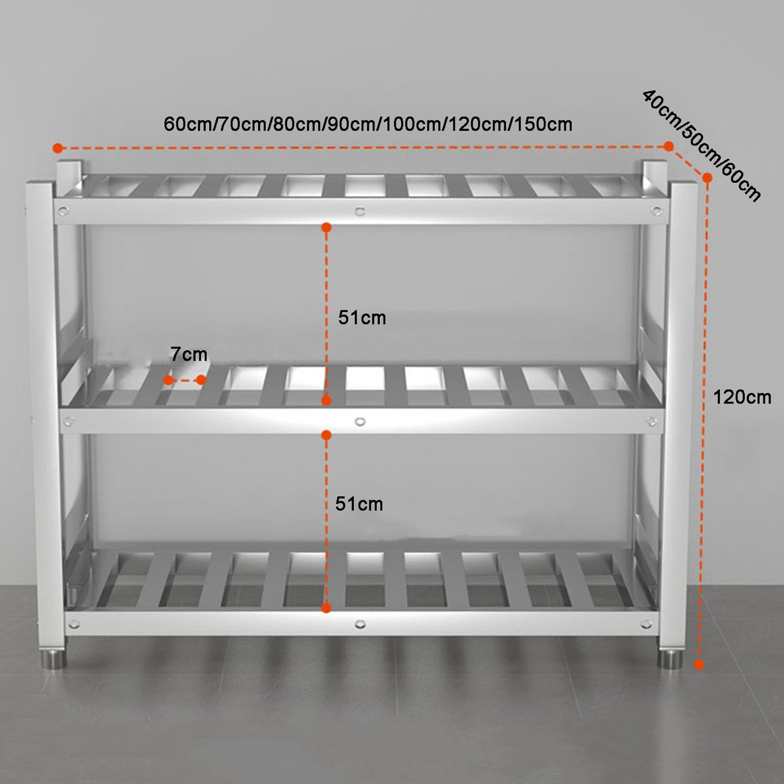 Wytrzymały 3-warstwowy regał ze stali nierdzewnej – regulowany metalowy stojak do przechowywania do kuchni, garażu, biura, restauracji, magazynu (120 x 60 x 120 cm)
