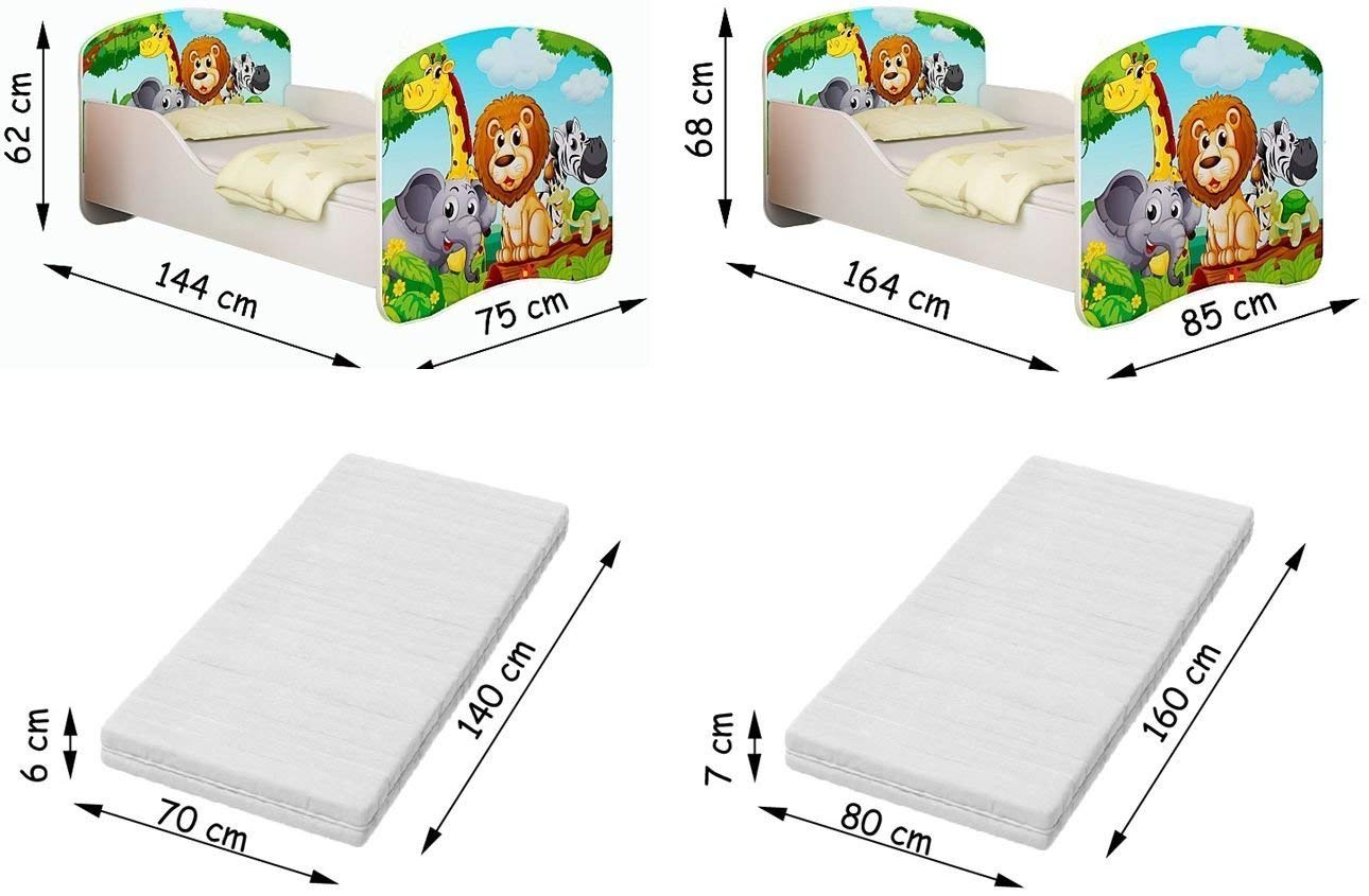 CLAMARO 'Traumland' Motiv Kinderbett 70 x 140 cm inkl. Matratze und Lattenrost, Kantenschutzleisten und Rausfallschutz, Motiv: 02 - Animals Motiv
