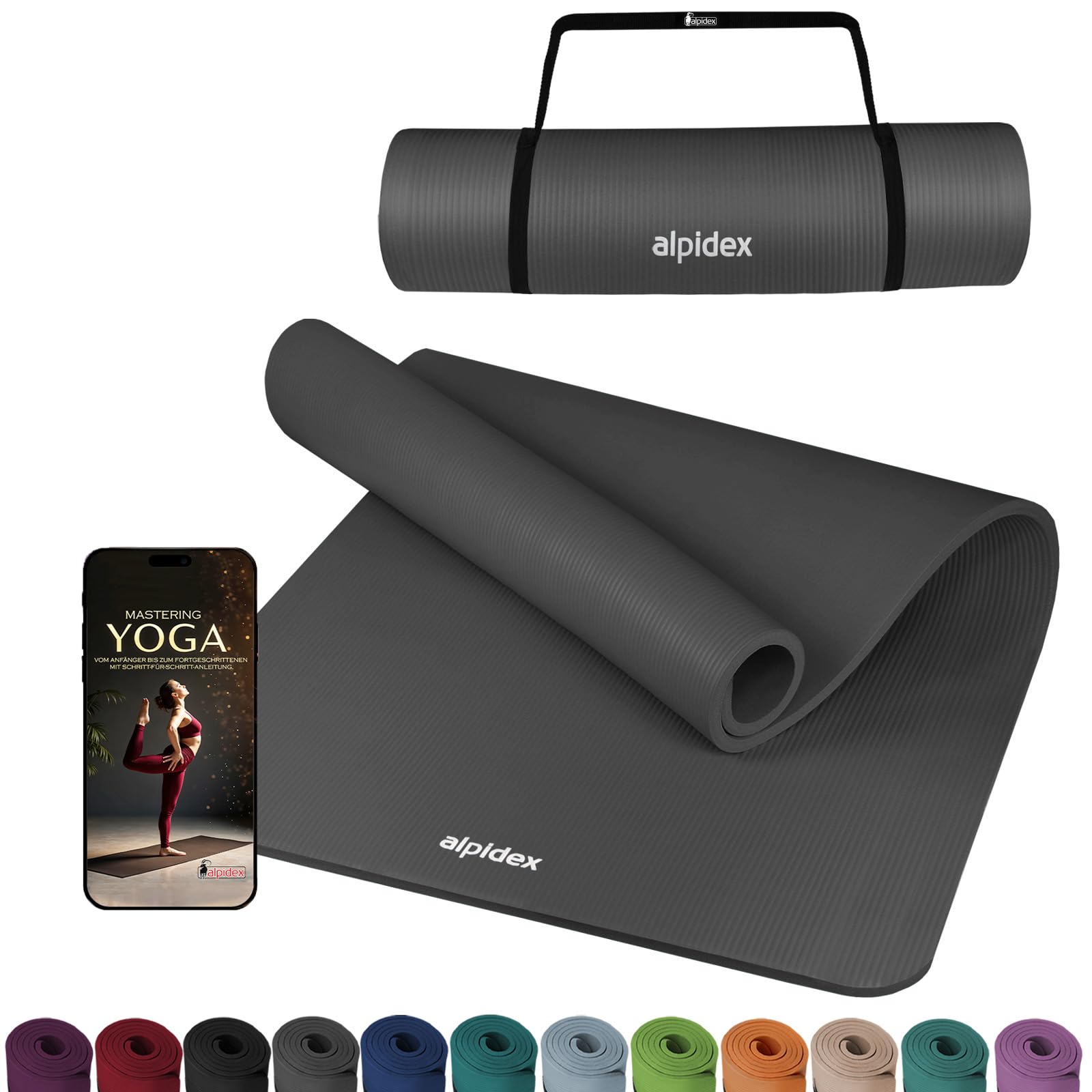 ALPIDEX Yogamatte Extra Dick 1,5 cm Gymnastikmatte 3 Größen E-Book rutschfest Phthalatfrei Fitness Matte Turnen Pilates Sport Physio HIIT Yoga Trainingsmatte Isomatte, Anthracite, 190 x 60 x 1.5 cm