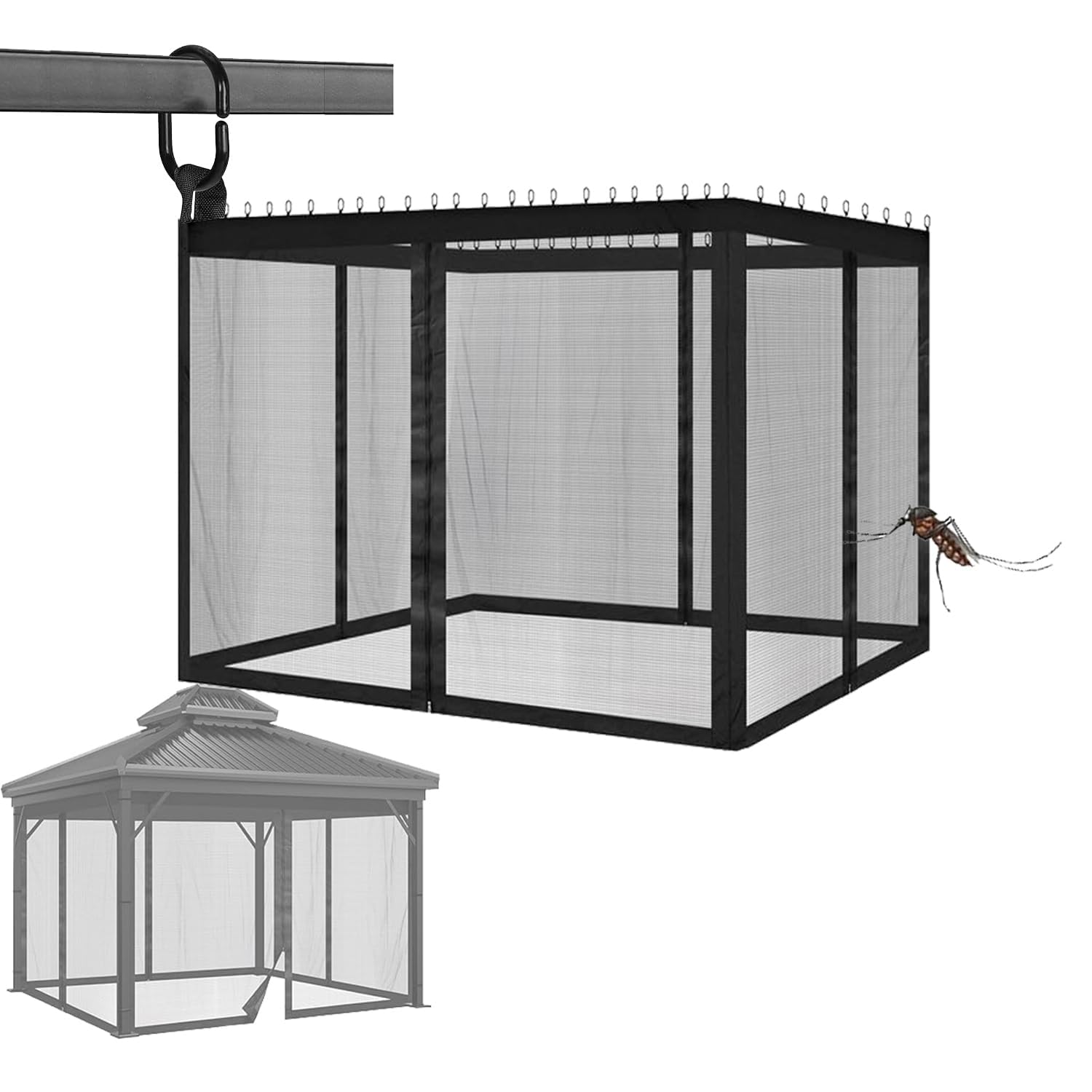 Zanzariera per Gazebo 3x3, Esterno Zanzariera Universale da Giardino Patio, 4 Pannelli Pareti Laterali con Cerniera Impermeabile per Pergolato e Pergola (Nero, 3x3 M)