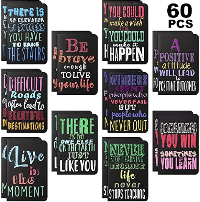 Inspirational gifts Notepads Mini Motivational Journal Notebook Bulk Small Pocket Notepads for School Office Home Travel Gift Supplies, 10 Styles(Bright Style,60 Pieces)