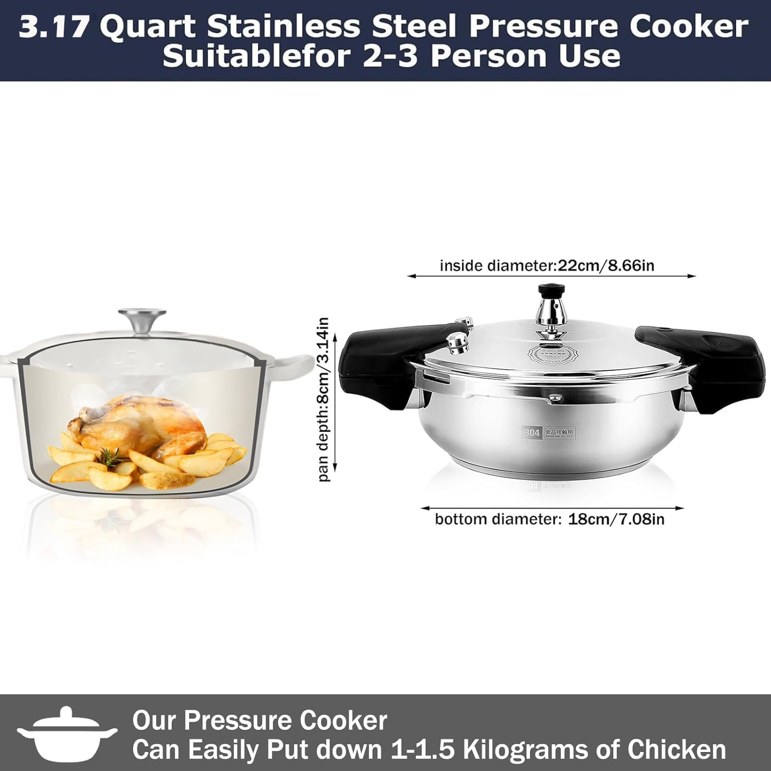3.4 Quart Stainless Steel Pressure Cooker, 7inch/18cm Pressure Cooking Pot with Safety Valve 80KPA Explosion Proof Pressure Canner for Electric Gas Stoves Housewarming Gift