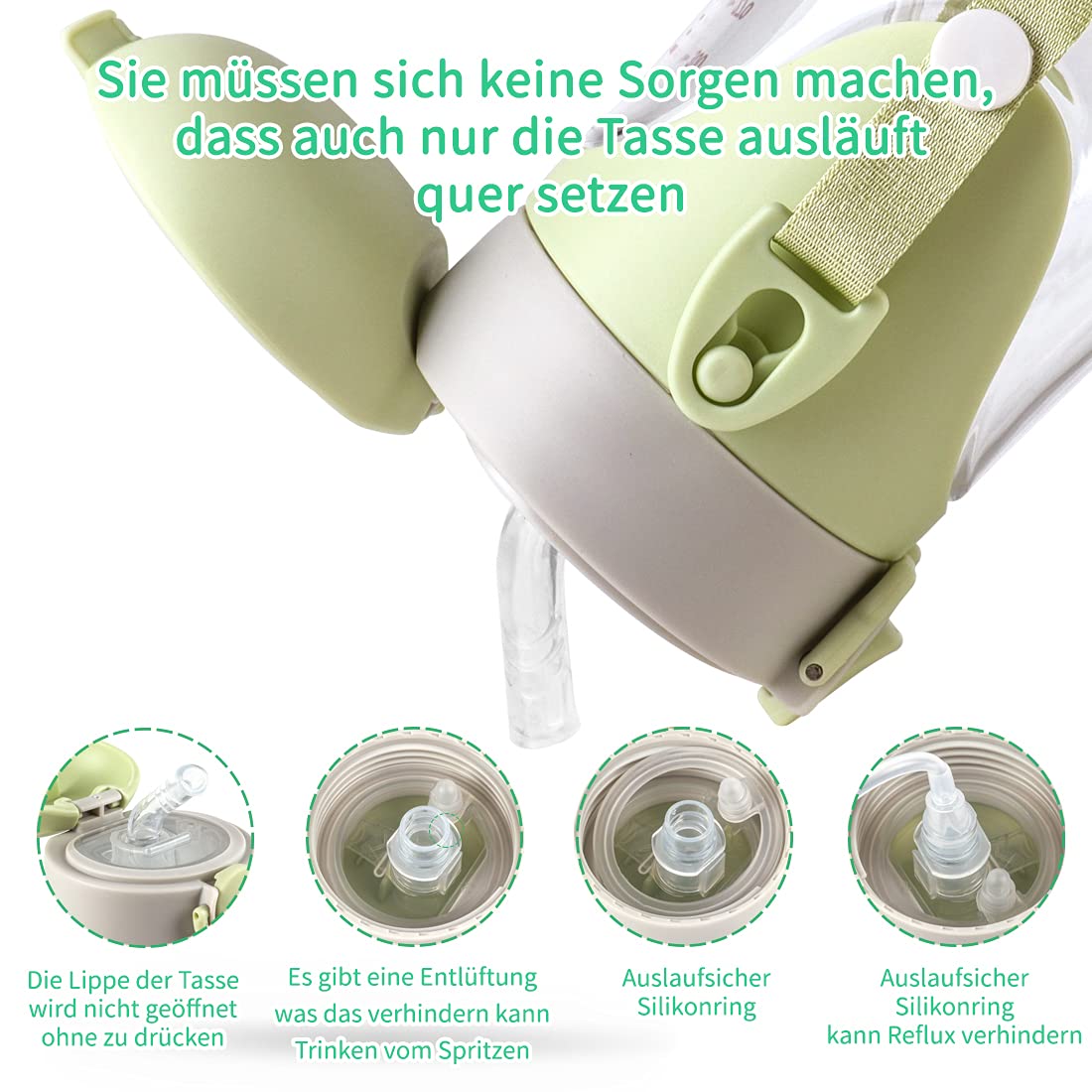 Bunnytoo 400 ml Training Cup,1 Bicchiere Antigoccia Bambini,con Beccuccio Ergonomico in Silicone,Una Tazza 6+Mesi per Imparare a Bere,Tazza Starter Cup Con Cinghie e Beccuccio,senza BPA-Verde