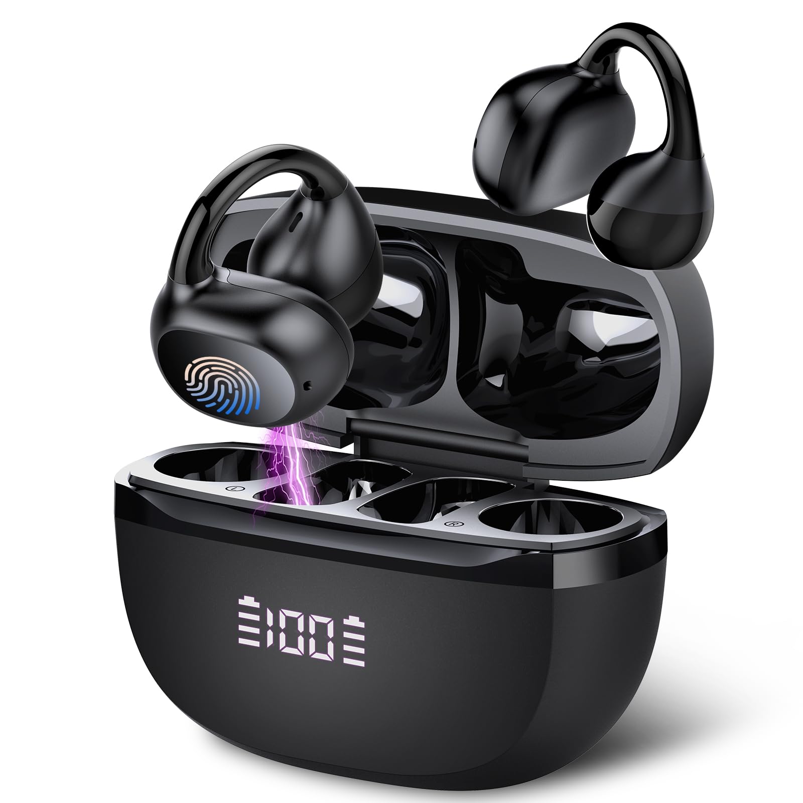 Open Ear Earbuds, Wireless Earbuds Bluetooth 5.4 Headphones Sport, Ergonomic Open Ear Clip-On Ear Buds, Bone Conduction Over Ear Headphones 48H Playtime, IPX7 Waterproof for Sports/Workout/Running