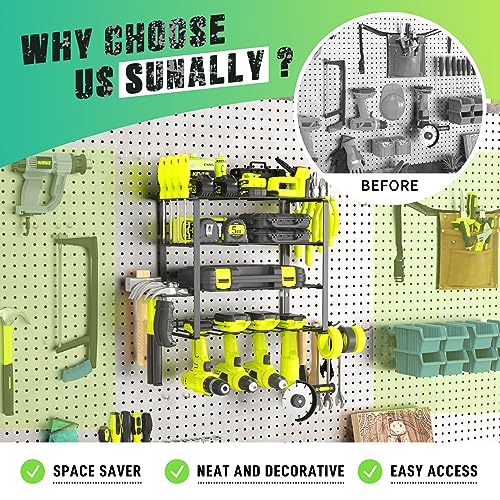 Image of SUNALLY Power Tool Organizer, 4 Drill Holder Wall Mount, Garage Tool Organizer and Storage with Screwdriver Holder, Garage Organization, 4 Layer Cordless Drill Holder with Hammer Holder