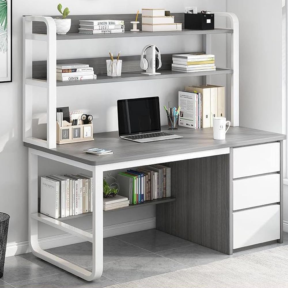 SXZenSpace Industrial Home Office Computer Desk with Hutch Bookshelf and 3 Drawers Grey 100cm Study Writing Table Workstation for