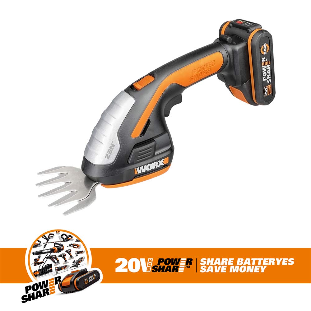 WORX WG801E.3 Akku-Grasschere & Strauchschneider 20V | 2-teiliges Klingen-Set, 1x Teleskopstiel, Schnellwechselklinge, 1x 2Ah PowerShare Akku & Ladegerät