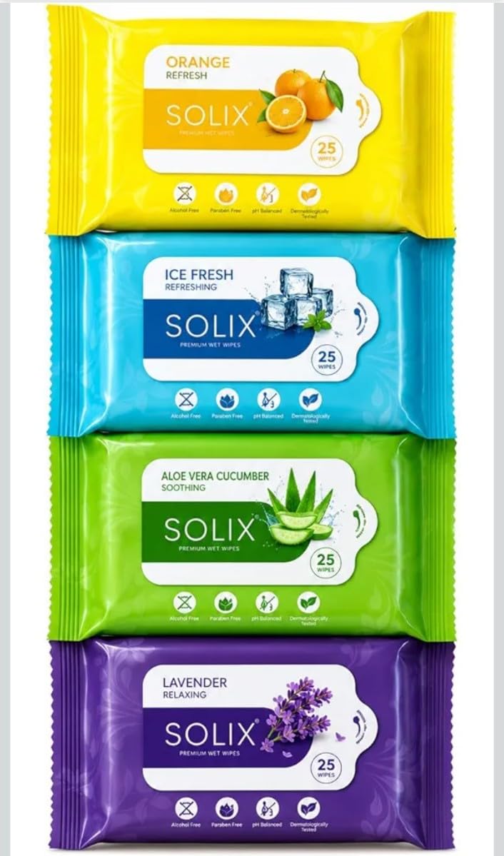 Premium Wet Wipes, Orange Refresh, Ice Fresh, Aloe Vera Cucumber & Lavender, Alcohol-Free, pH Balanced, Pack of 4, 25 Wipes Each-image-9