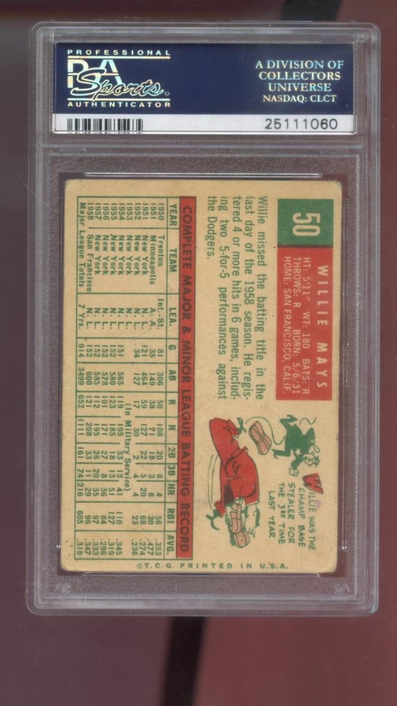 1959 Topps #50 Willie Mays PSA 3 Graded Baseball Card MLB San Francisco Giants