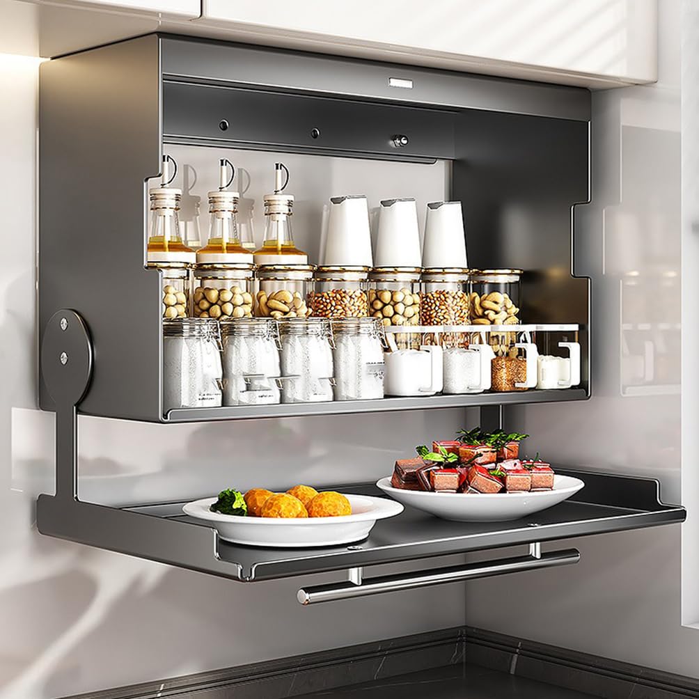 Pensile da Cucina in Acciaio Inossidabile Anta A Libro con Ribalta Armadietti Multifunzionali Cucina Preparazione dei Cibi Contenitore da Riporre sotto I Pensili,Grigio,L