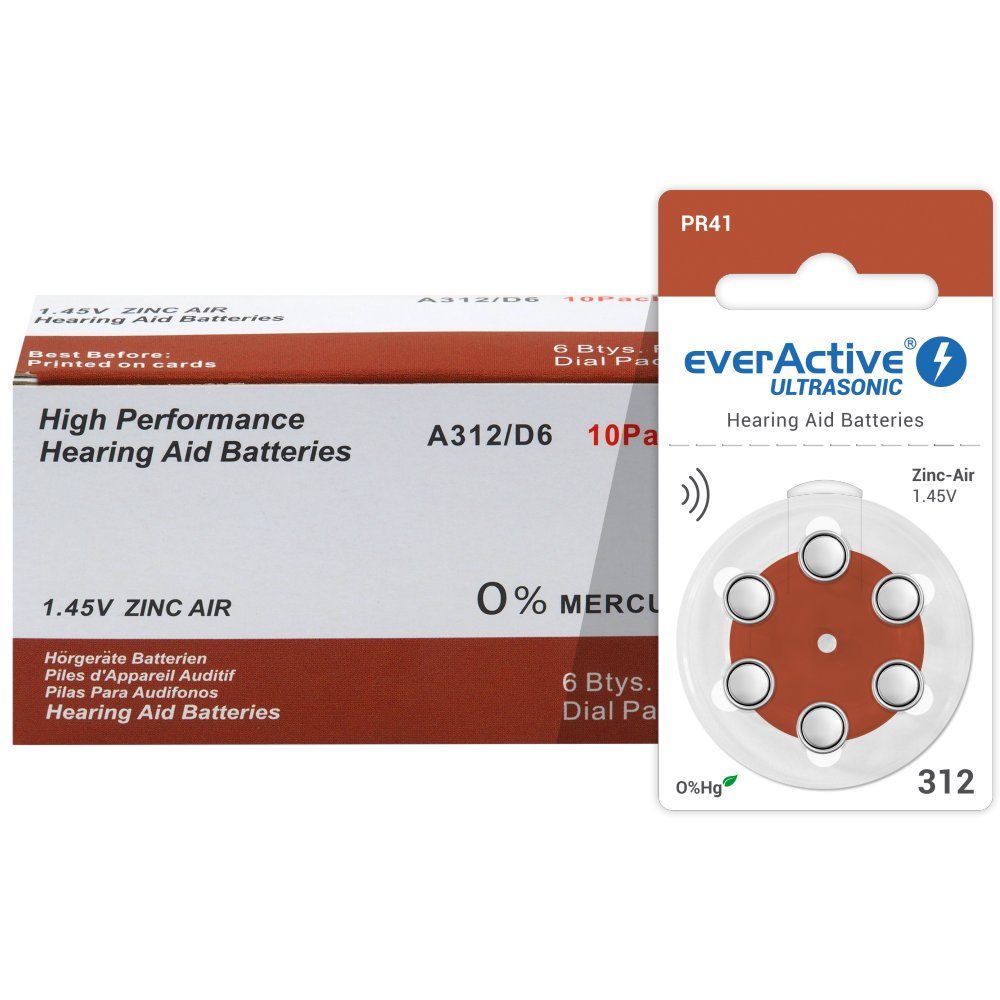 everActive 312, 600 batterie per apparecchi acustici, ad alta potenza, batterie zinco-aria, 100 blister, durata di 4 anni, marrone, Ultrasonic PR41
