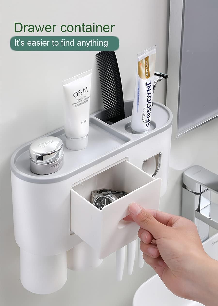 tgo-pit Toothbrush Holder Wall Mounted, Automatic Toothpaste Dispenser Squeezer Kit with Holders for Bathroom-Shelf Magnetic Cups Toothpaste Holder Drawer Organizer Space Saver Easy to Clean (2 - CUP)