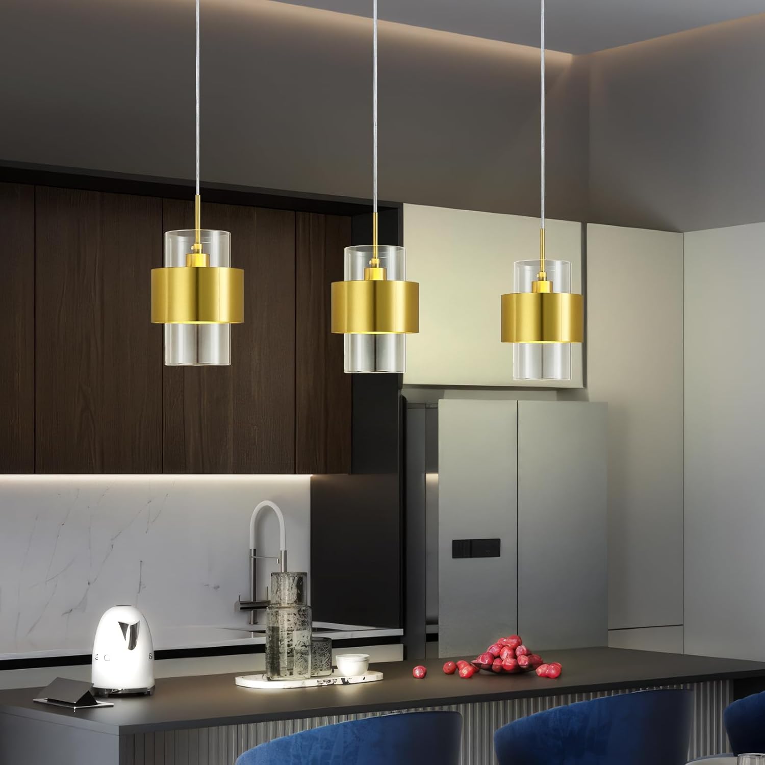 Modern Gold Pendant Lighting Indoor Kitchen Island Pendant Light Glass Shade Ceiling Light Fixtures for Bedroom Dining Room Living Room(3-Pack)