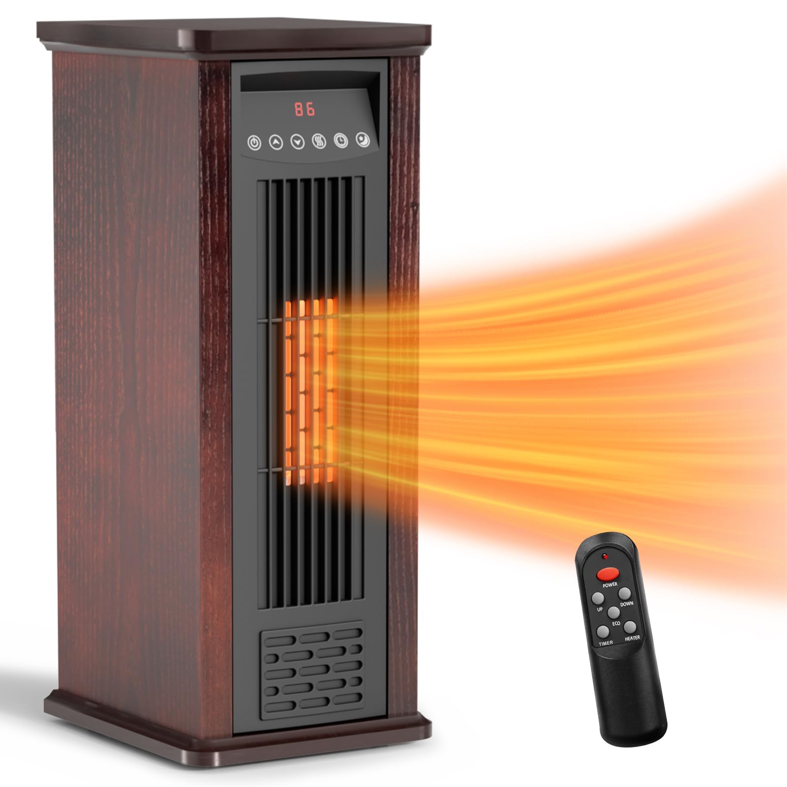 ( similar ) Electric Infrared Space Heater for Indoor Use, 1500W Tower Heater Quartz Heater with Wood Frame, 12H Timer, 3 Heat Settings, Remote Control