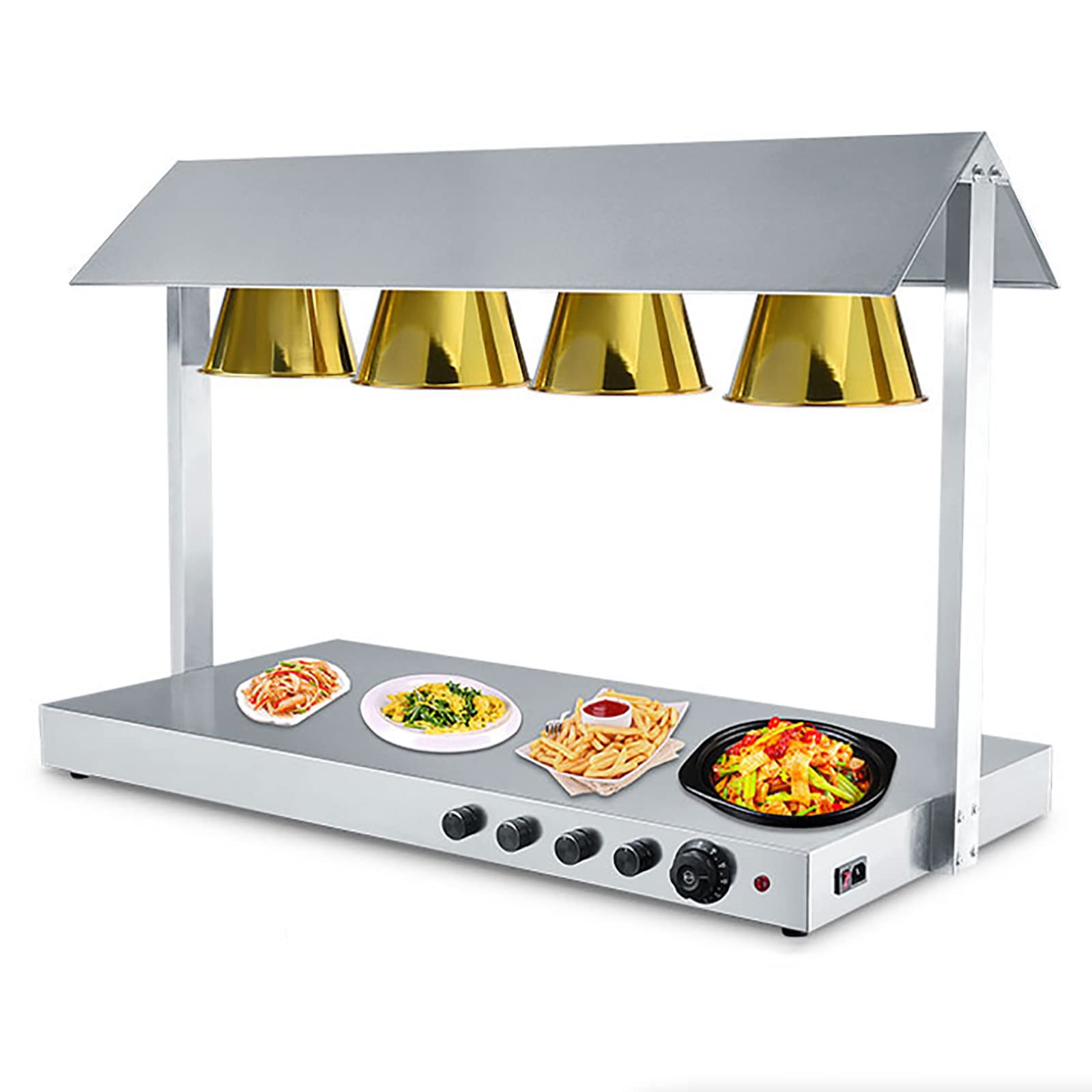 Electric Food Buffet Warmer w/Food Heat Lamp (250W Bulb),Stainless Steel Warming Tray,Adjustable Temperature Control,Commercial Food Warmer,for House Parties,Party Events,Gold-4-Bulbs