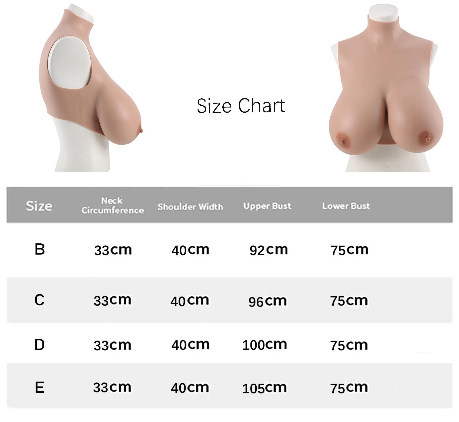 Generico Tette Finte Seni Finti Forme del Seno al Silicone Colletto Alto Elasticità Traspirante Seno di Riempimento in Silicone per Transgender Drag Queen Cosplay Mastectomia,E,#2+Silk Cotton