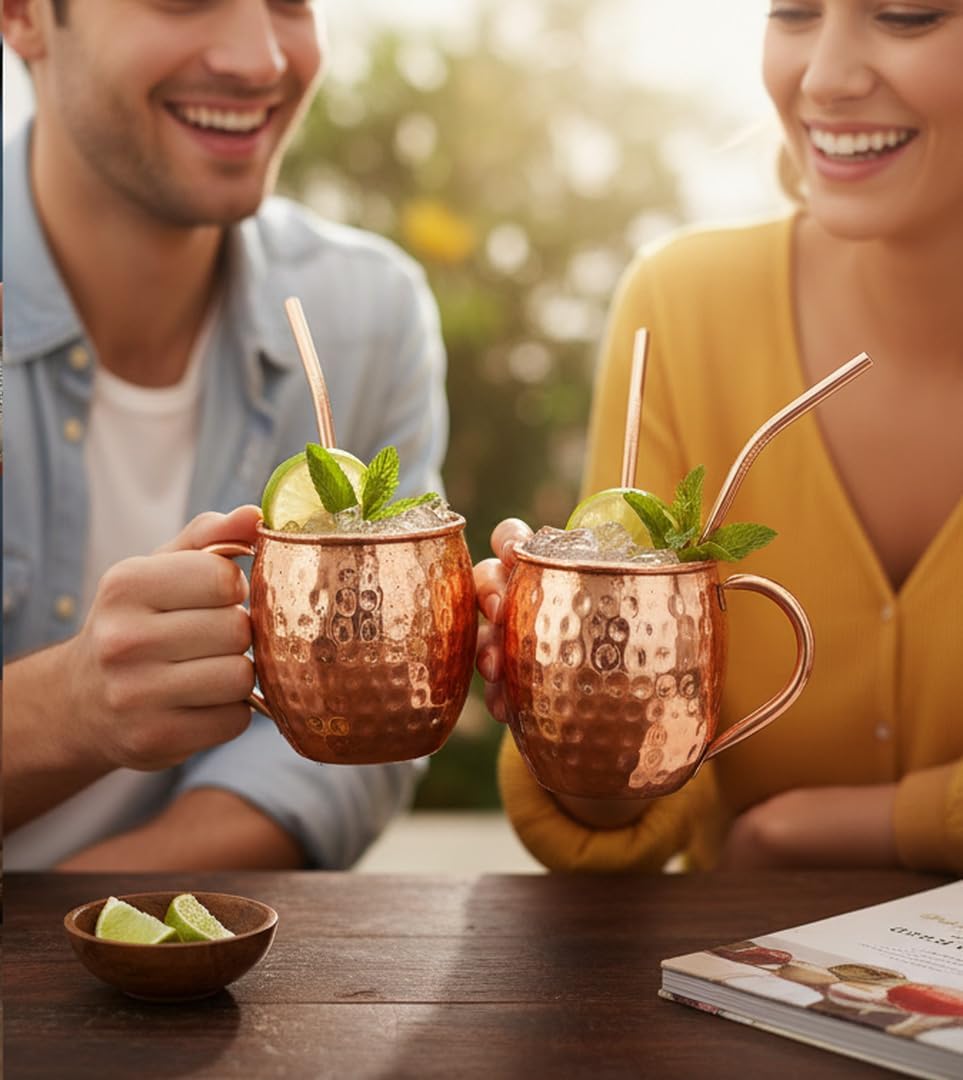 Pure Copper Moscow Mule Mugs - Handcrafted - Lavish Drinks-Energy And Immunity Booster 16 oz Natural Hammered Beaten Copper Finish. Set Of 2.
