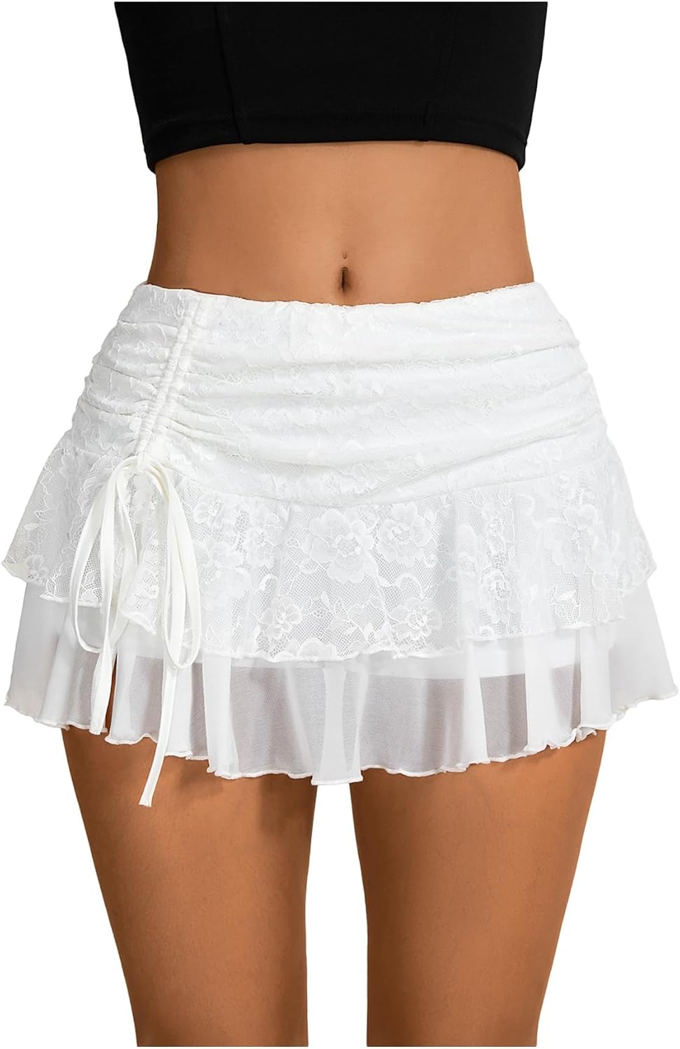 Boho Chic: Layered Y2K Lace Ruffle Mini Skirt with Shorts