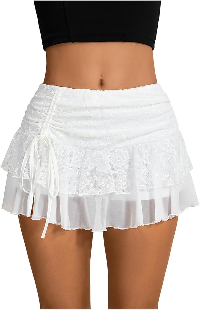 Verdusa Women's Y2k Lace Ruffle Mini Skirt Mesh High Waist Layered Skirt Skort Boho Outfits Micro Shorts