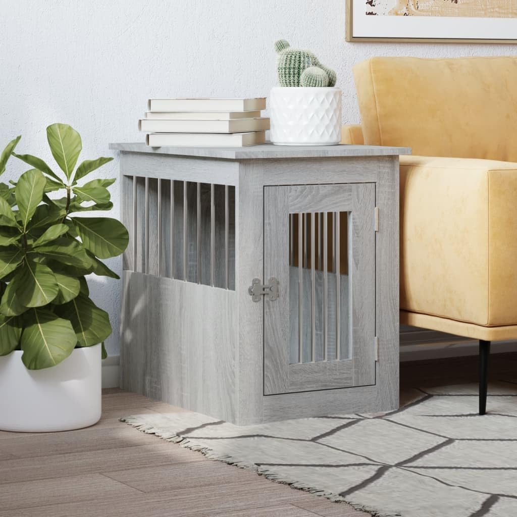 Niche chien bois intérieur table de nuit salon cage meuble gris Sonoma