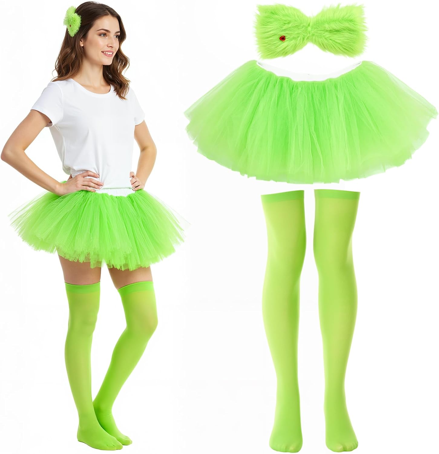 Shihanee 3 Pcs Green Costumes Accessory Furry Green Hair Bow Clips Layered Tutu Skirt Sock Dressing Props for Birthday Funny Cosplay Costume