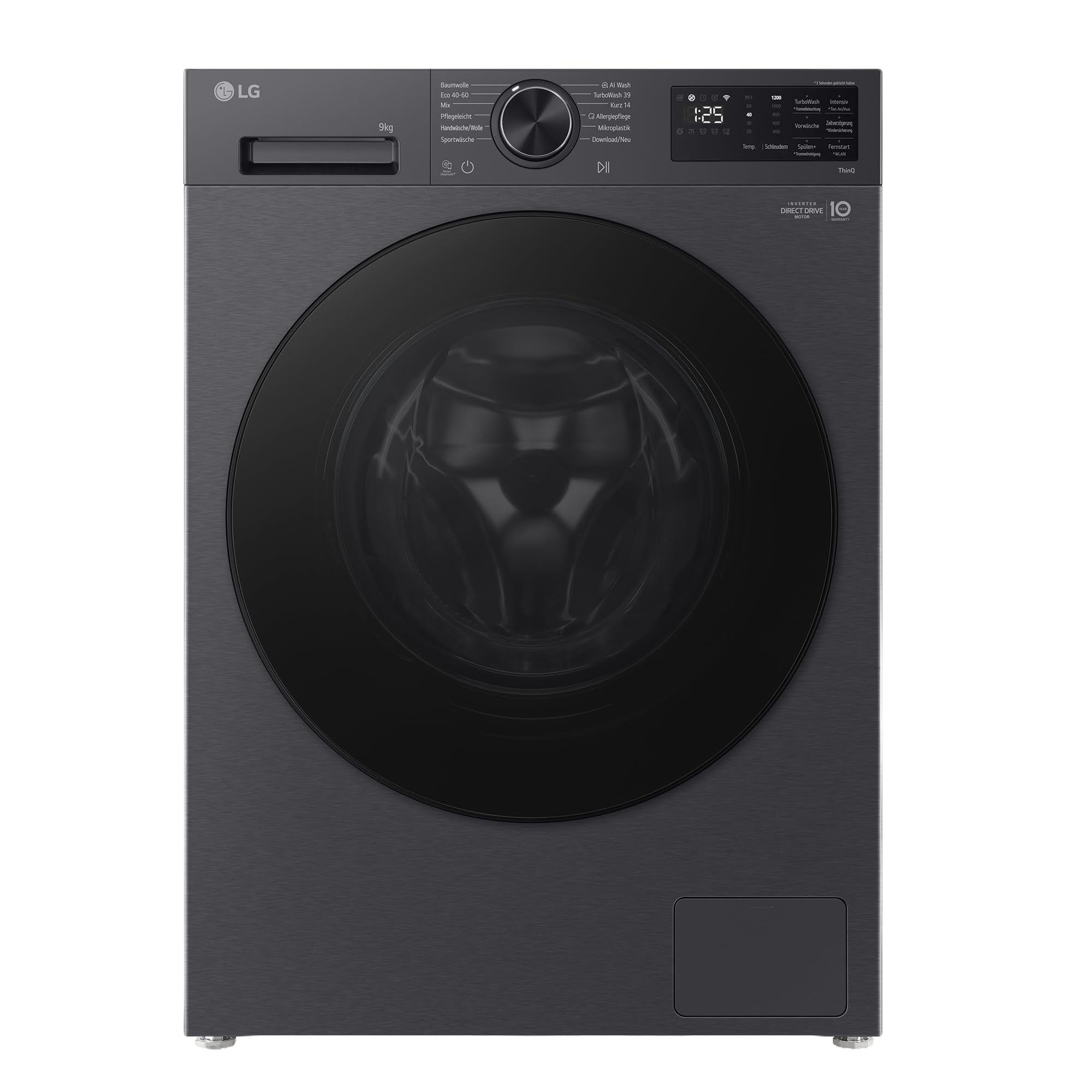 LG F2X7SLIM9B Waschmaschine, Frontlader, 9 kg, Dampffunktion, AI Wash, Inverter Direct Drive, Restzeitanzeige, Schwarz